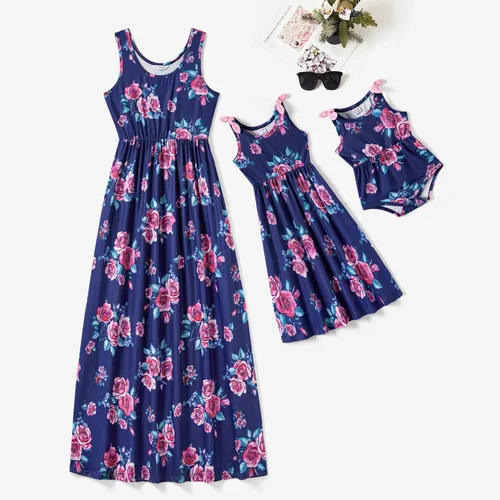 Mommy and Me Floral Tank Top Elastic Waist Maxi Dresses with Pockets