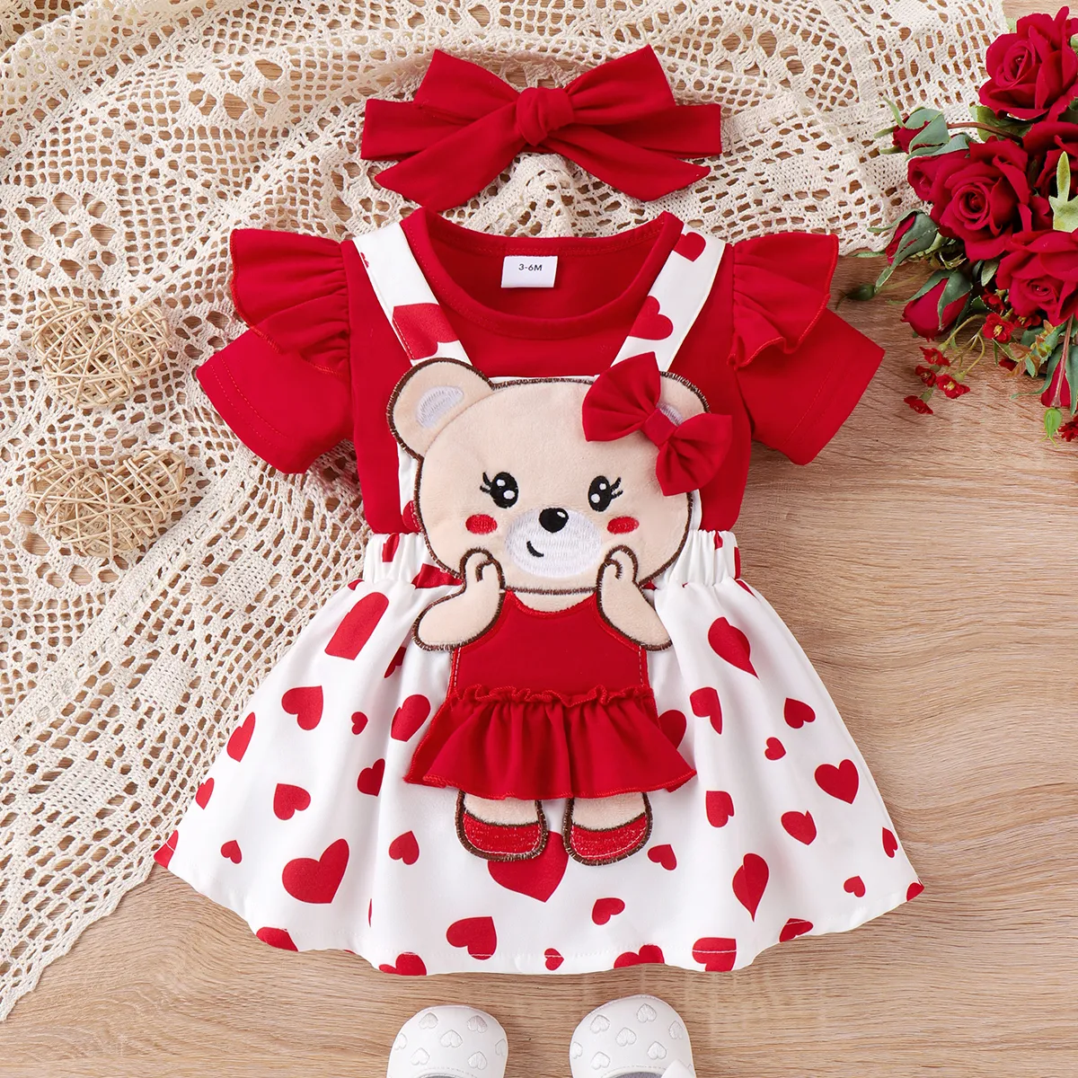 3pcs Baby Girl Bear Embroidery Flutter Sleeve Romper and Overalls Skirt with Headband Set Red big image 1