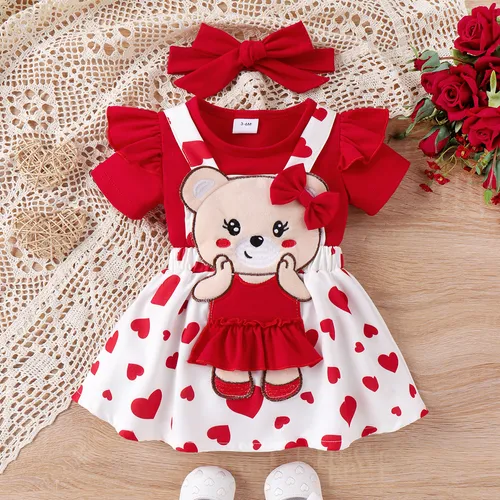 3pcs Baby Girl Bear Embroidery Flutter Sleeve Romper and Overalls Skirt with Headband Set