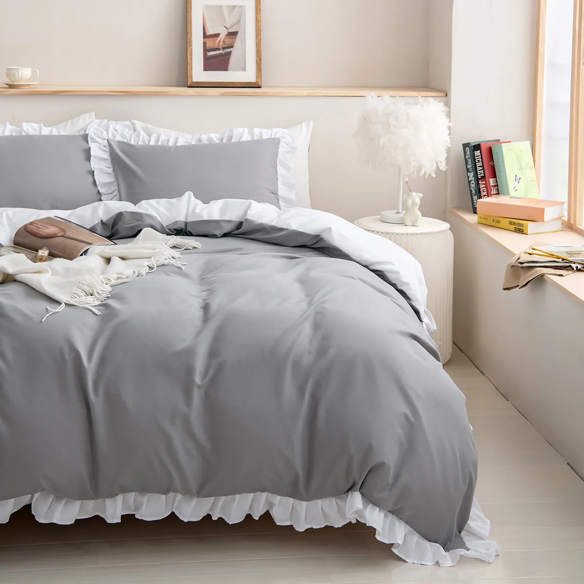 2/3 piezas de juego de cama de color sólido suave y cómodo, que incluye funda nórdica y fundas de almohada Gris big image 1