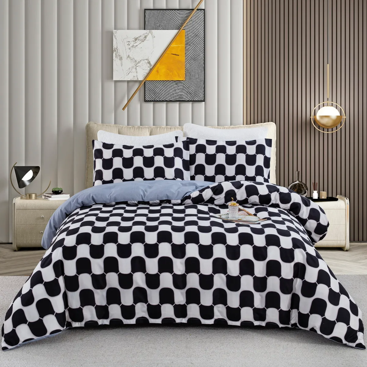 2/3pcs Modern and Minimalist Cartoon Geometric Pattern Bedding Set,Includes Duvet Cover and Pillowcases BlackandWhite big image 1