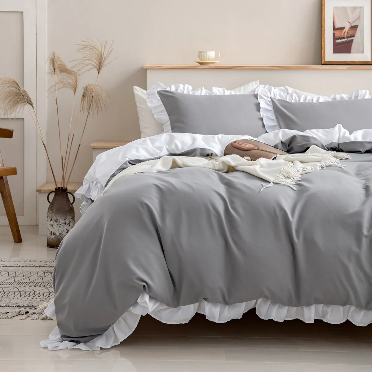 2/3pcs Soft and Comfortable Solid Color Bedding Set,including Duvet Cover and Pillowcases Grey big image 1