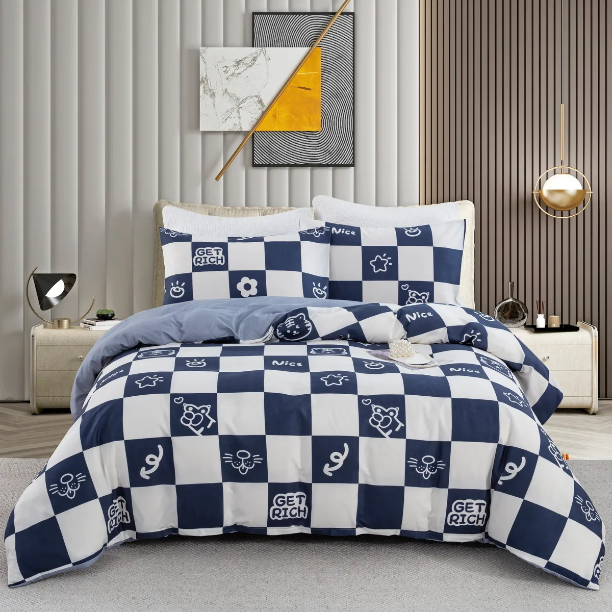 2/3pcs Juego de ropa de cama moderno y minimalista con patrón geométrico de dibujos animados, incluye funda nórdica y fundas de almohada azul blanco big image 1
