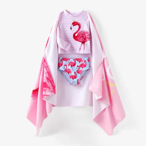 3pcs Camiseta y pantalones cortos con patrón de flamenco para niña pequeña y conjunto de trajes de baño de toalla de playa