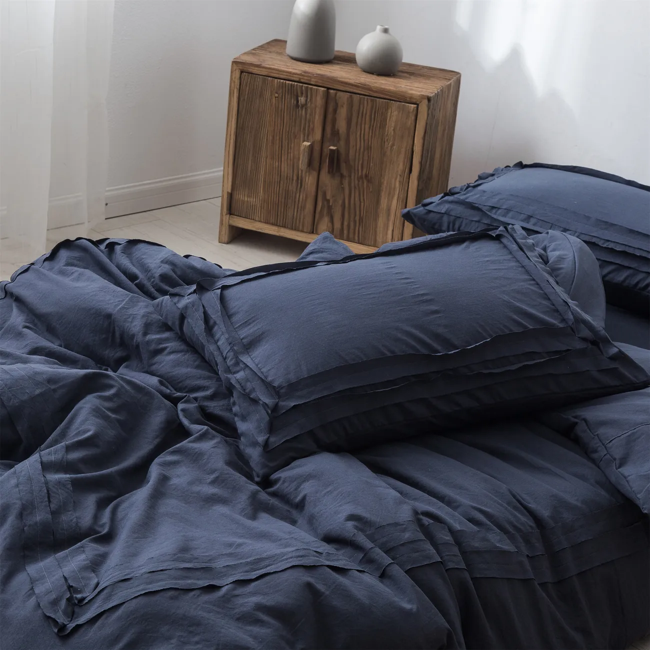 Juego de ropa de cama de estilo simple y minimalista de 2/3 piezas, que incluye fundas de almohada y funda nórdica Azul oscuro big image 1