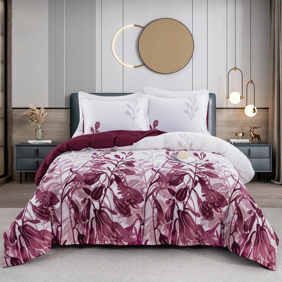 Red Leaf Series Bedding Set - Three-piece set including one quilt cover and two pillowcases WineRed big image 1