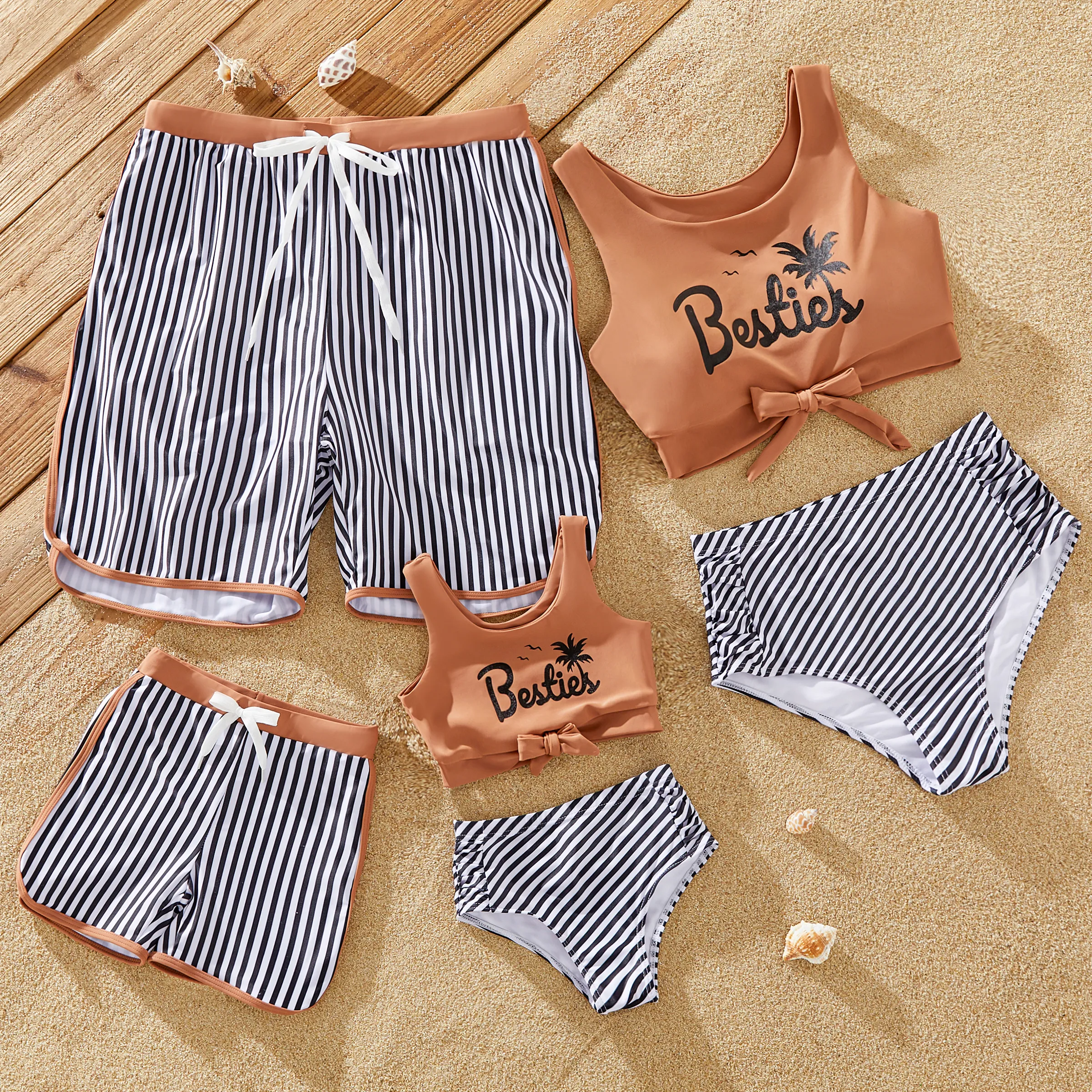 

Family Matching Vertical Stripe Drawstring Swim Drunks or Besties Printed Crop Tank Bikini