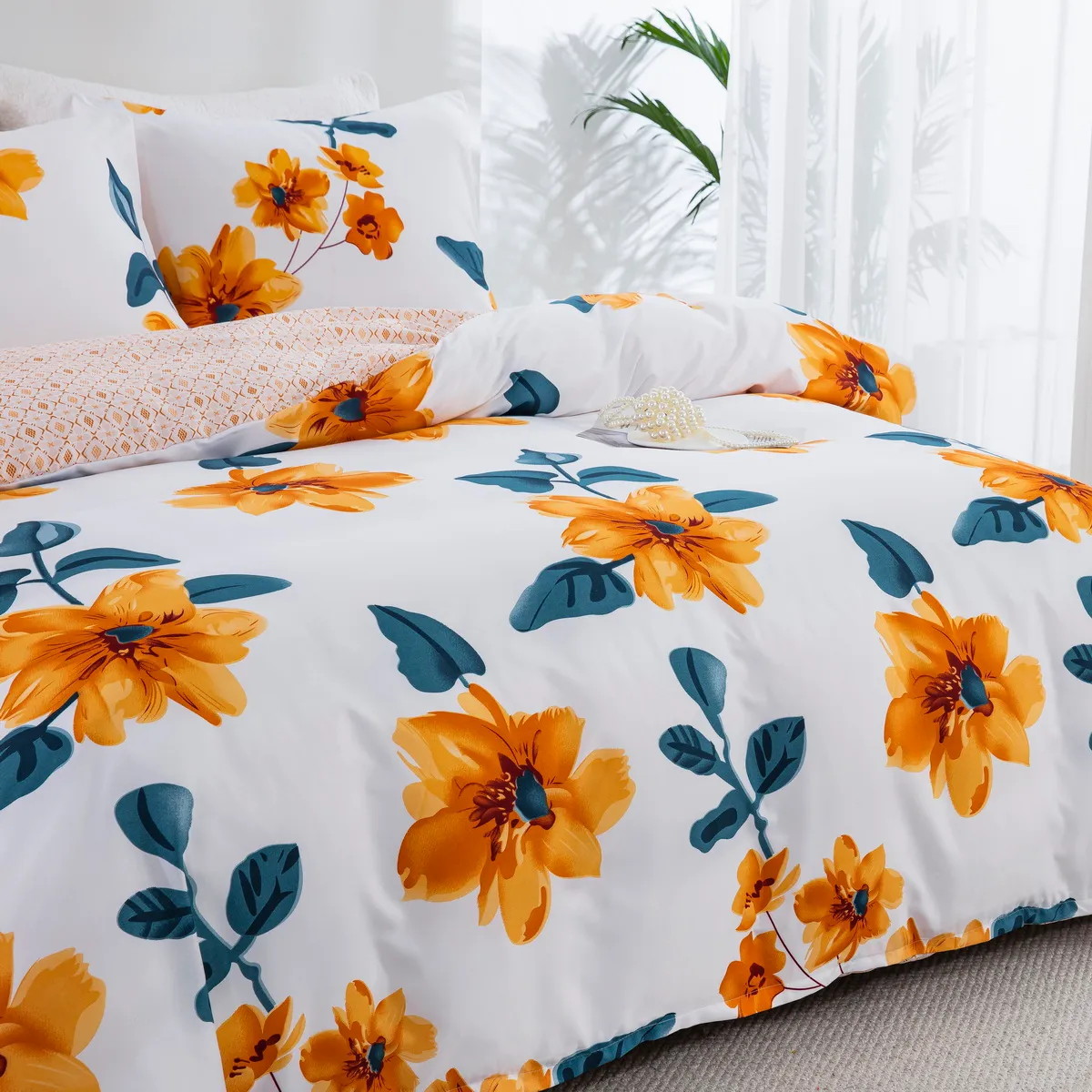 2/3件柔軟舒適的提花雛菊設計床上用品套裝，包括羽絨被套和枕套 花色 big image 1