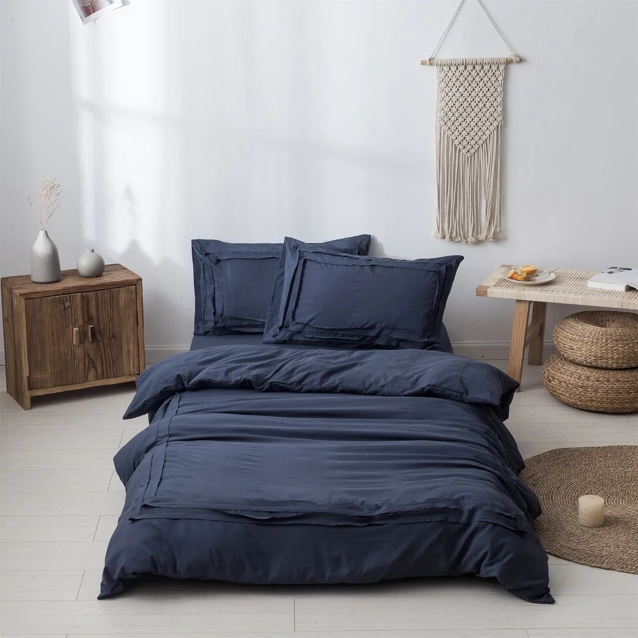 2/3件簡約風格的床上用品套裝，包括枕套和羽絨被套 藏青 big image 1