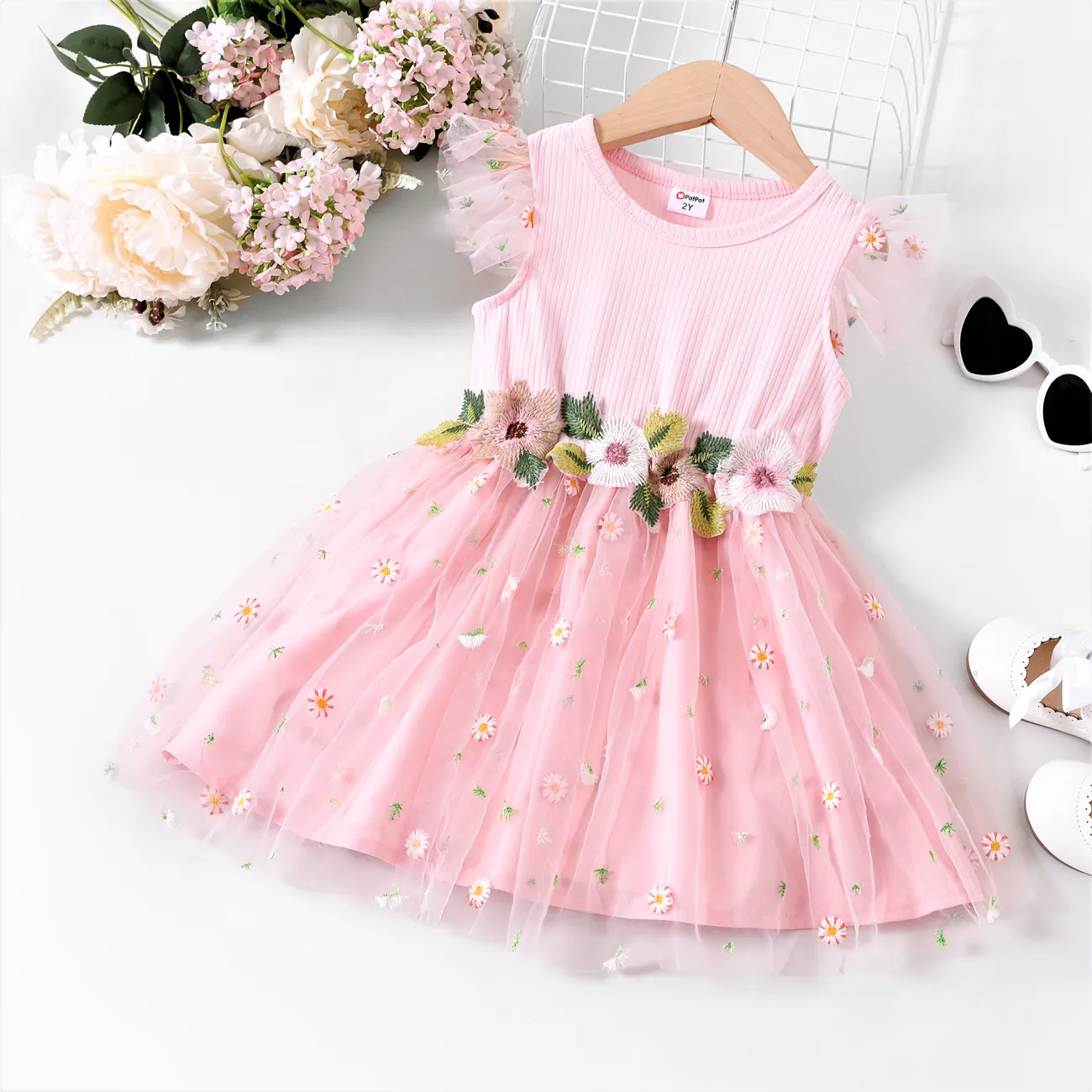 Toddler Girl Sweet Flutter Sleeve Flower Dress Pink big image 1