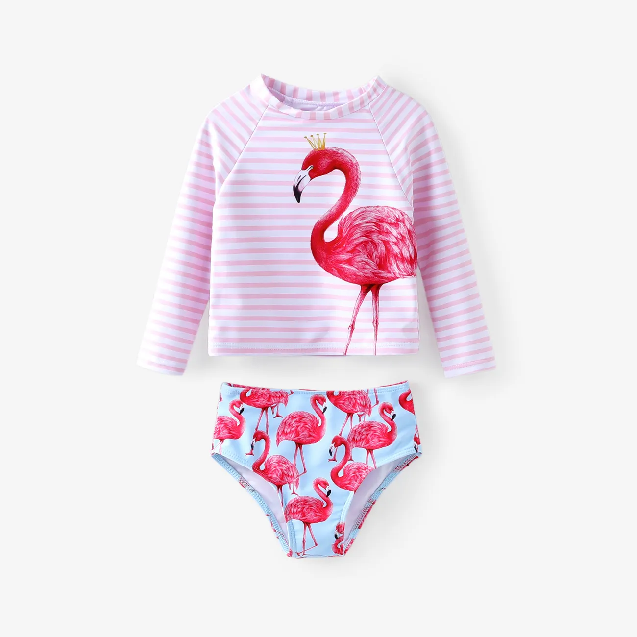3pcs Toddler Girl Flamingo Pattern Tee and Shorts and Beach Towel Swimsuits Set Pink big image 1