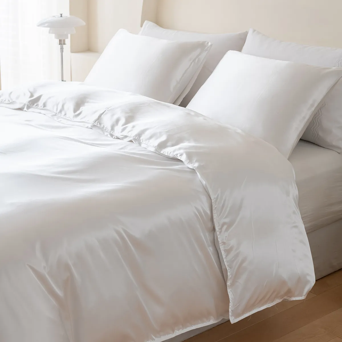 2/3pcs Soft and Comfortable Solid Color Satin Bedding Set, Including Duvet Cover and Pillowcases White big image 1