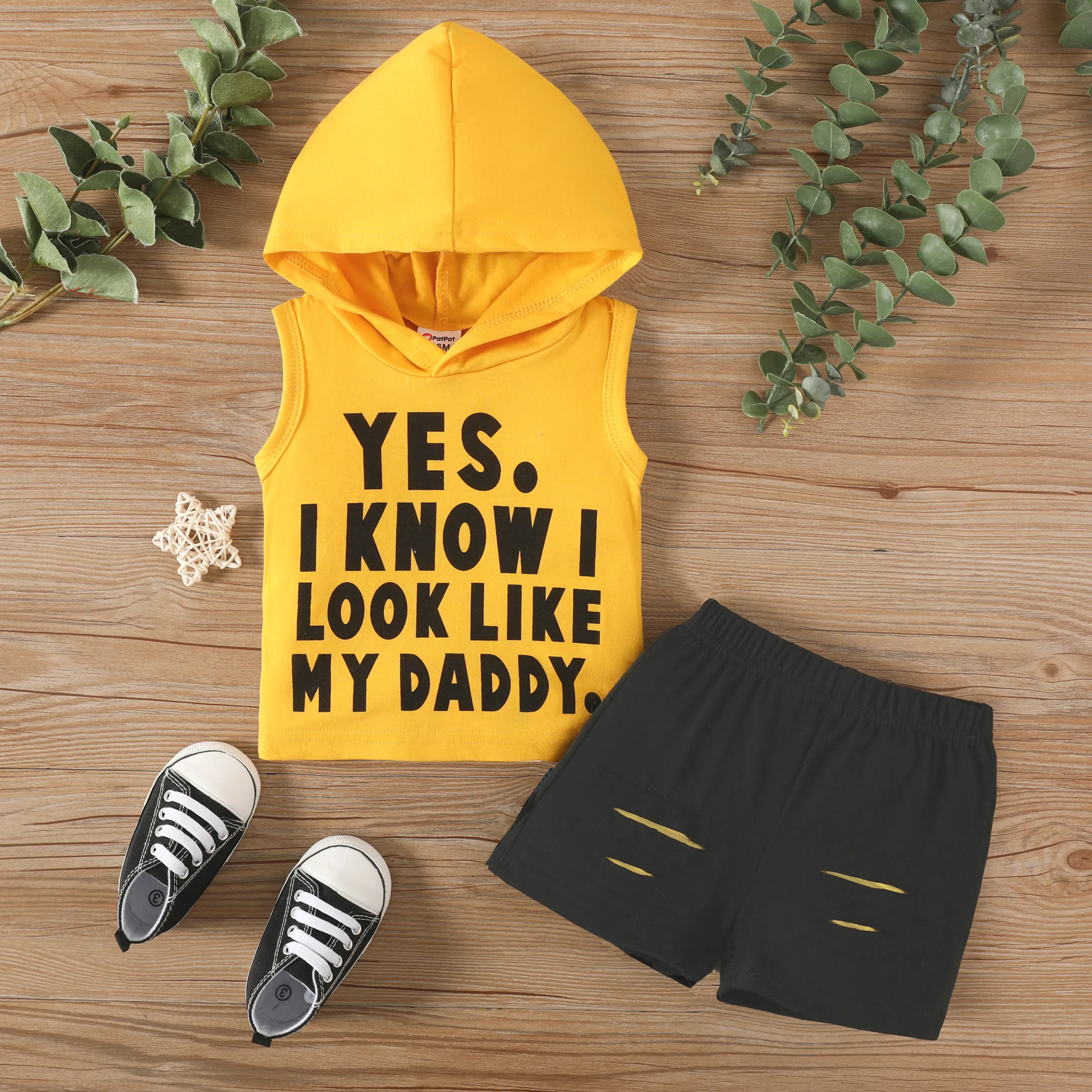 2pcs Baby Boy Casual Hooded Letter Print Yellow Jacket & Black Shorts Set