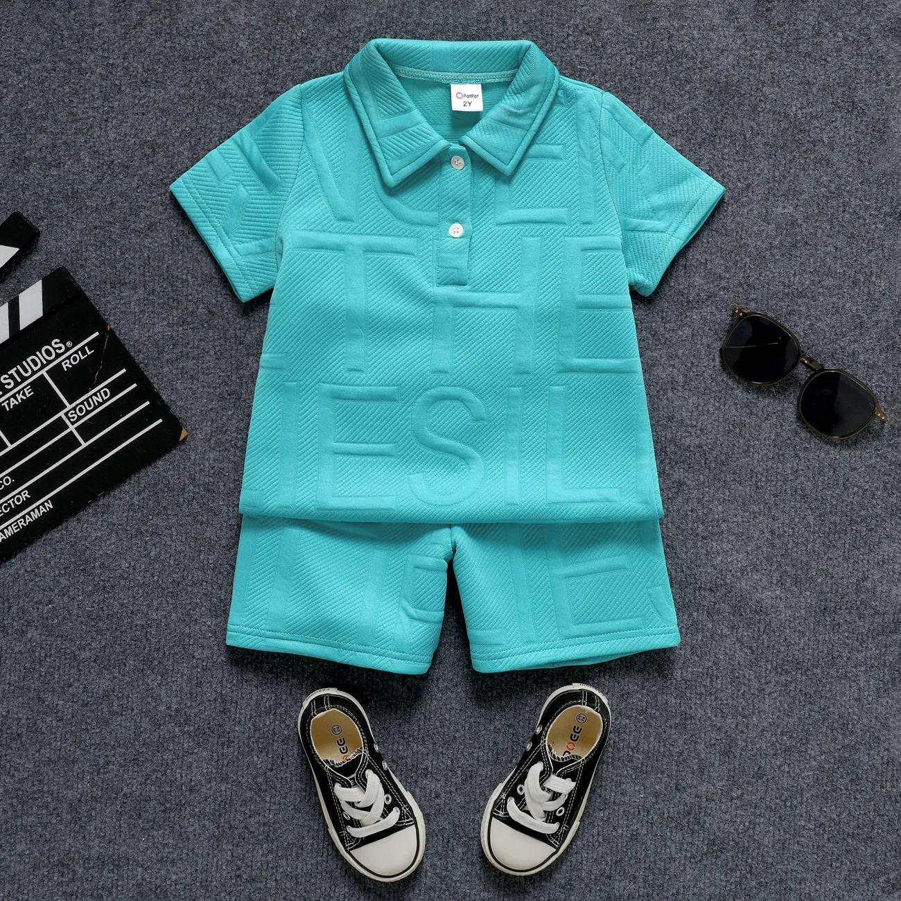 2pcs Toddler Boy Avant-garde Polo Solid Color Top and Shorts Set  Blue big image 1
