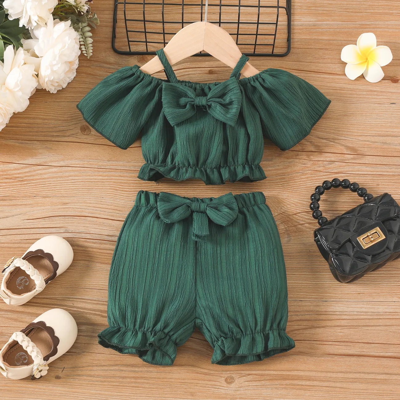 2件 嬰兒 女 一字肩 甜美 短袖 嬰兒套裝 綠色 big image 1