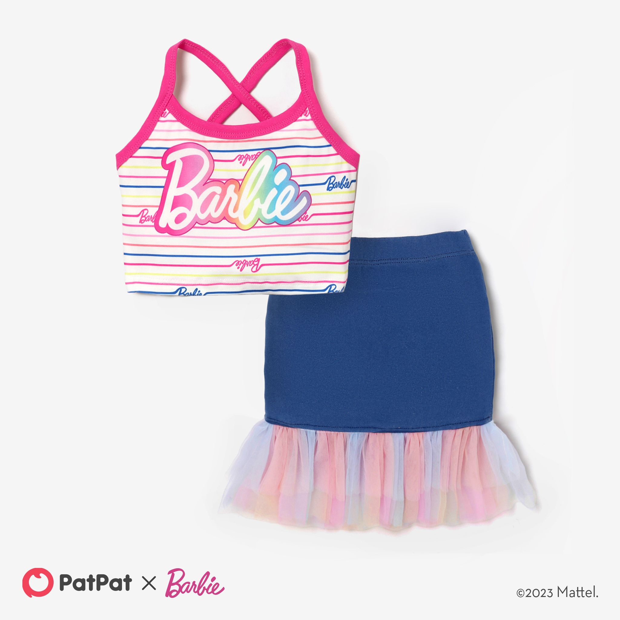 

Barbie 2pcs Toddler/Kids Girls Rainbow Suspender Stripe Letter Gradient Cropped Top Paired with Knitted Denim Hip Skirt sets