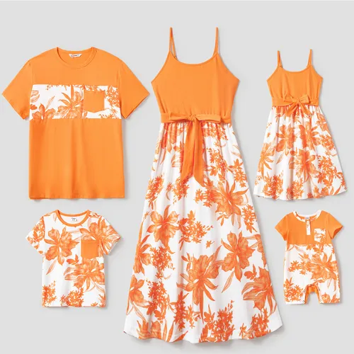 Family Matching Orange Tee and Cami Top Spliced Belted Dress Sets
