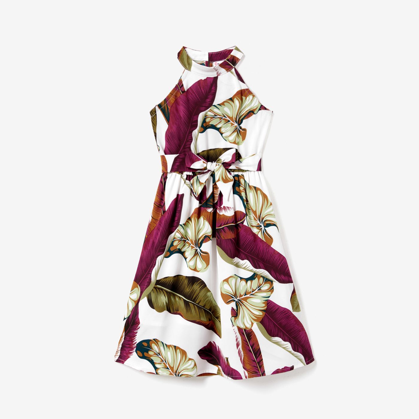 

Family Matching Allover Leaf Print High Neck Halter Dress and Beach Shirt Sets
