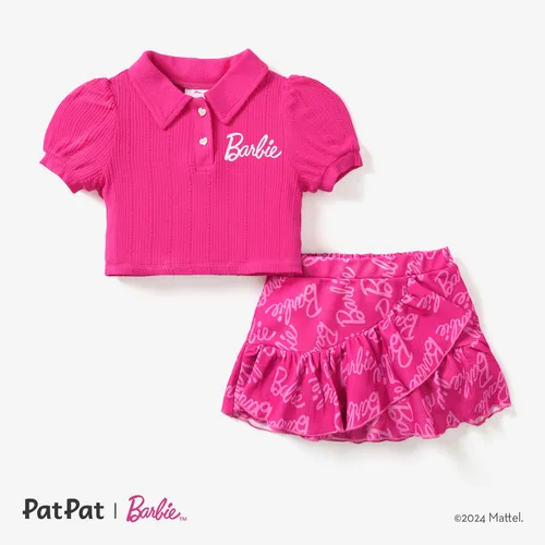 Barbie 2pcs Toddler/Kids Girls Alphabet Print Puff Sleeves Top with Allover Logo Print Skirt Set

 