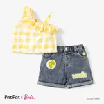Barbie 2pcs Toddler/Kids Girls One-shoulder Checkered/Plaid Tank Top with Denim Shorts Set
 Yellow