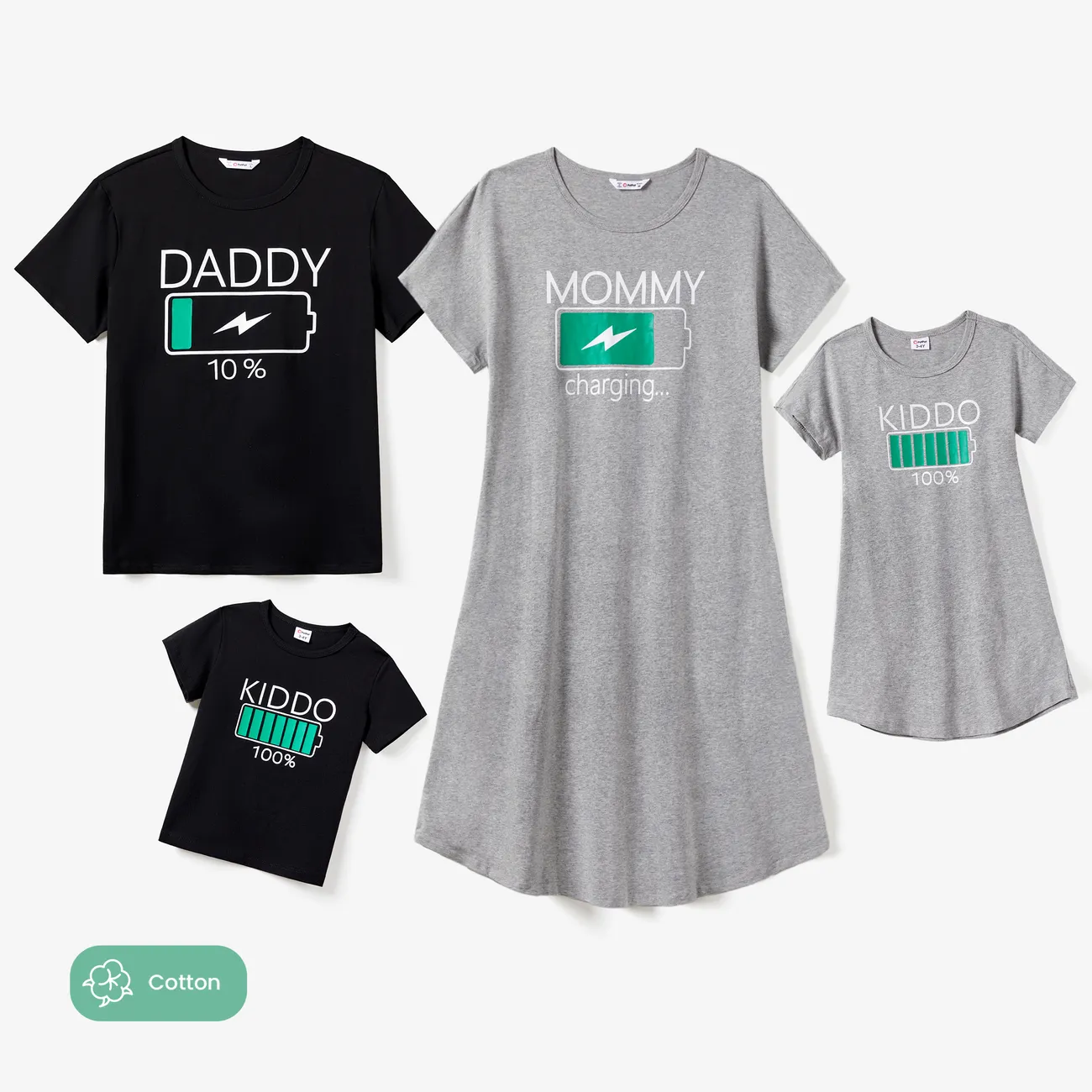 Family Matching Sets Funny Battery Tee and A-Line Cotton Dress with Pocket  Color block big image 1