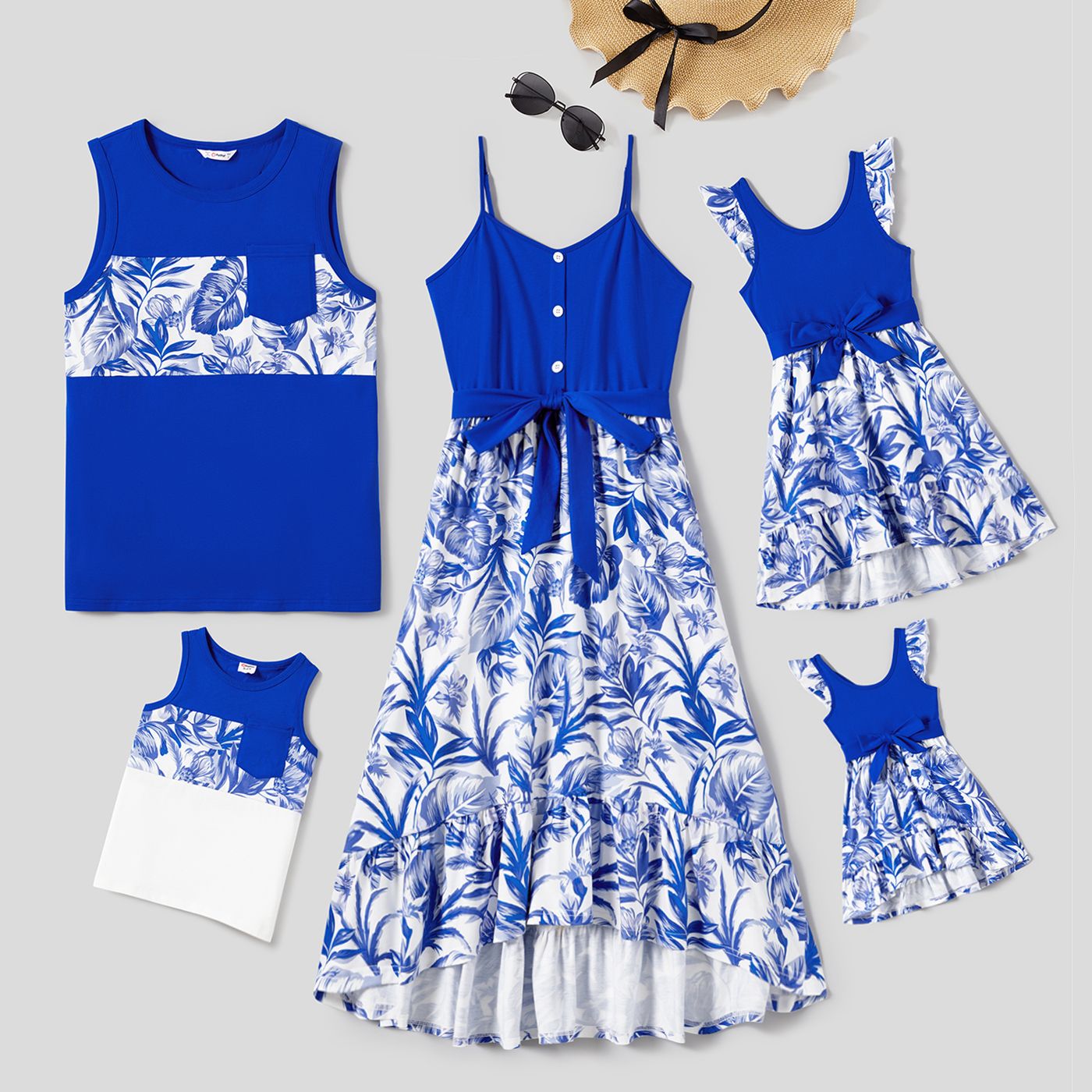 

Family Matching Color Block Sleeveless Shirt and Floral Cami Button Hi-Low Dress Sets