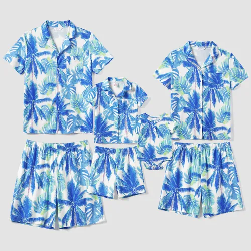 Family Matching Tropical Leaf Pattern Button Vacation Pajamas (Flame Resistant)
