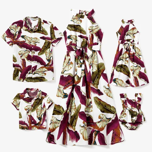 Family Matching Allover Leaf Print High Neck Halter Dress and Beach Shirt Sets