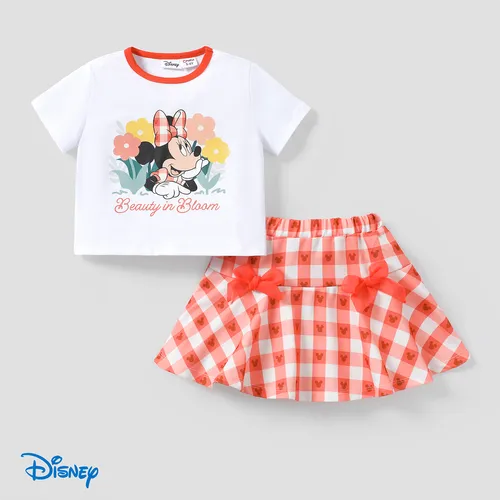 Disney Mickey and Friends 2 件套幼兒/兒童女孩 Chracter 花卉印花 T 恤配蝴蝶結格紋半身裙套裝