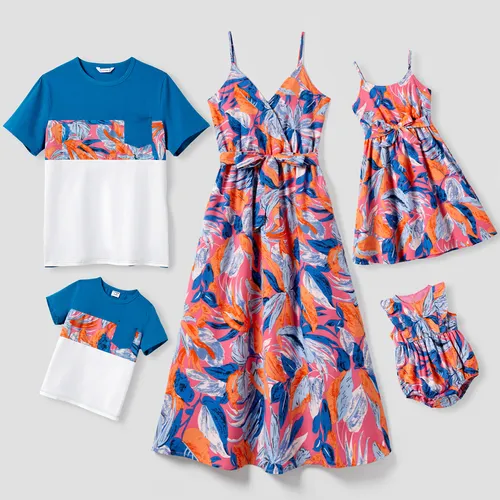 Família combinando camiseta colorblock e Floral Wrap Top Strap Dress Sets