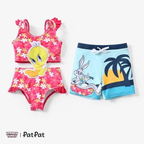 Looney Tunes 1pc Toddler Meninos / Meninas Personagem Print Puff-Sleeve One-Piece Swimsuit/Calças de natação
