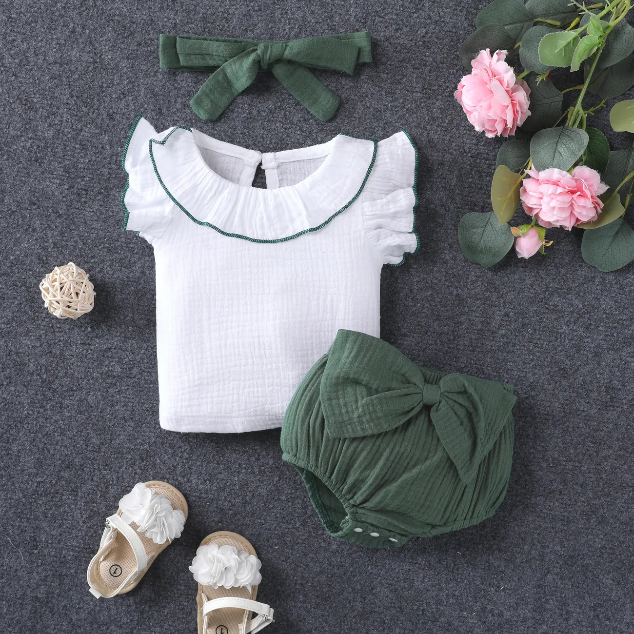 3pc Baby Girl Sweet White Flutter Sleeve Romper and Shorts and Headband Set  Green big image 1