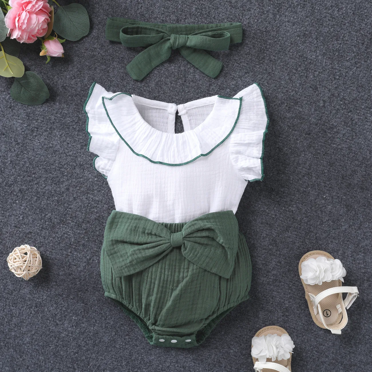 3 Stück Baby Mädchen Flatterärmel Süß Kurzärmelig Baby-Sets grün big image 1
