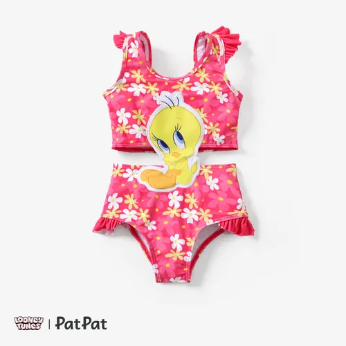 Looney Tunes 1pc Toddler Meninos / Meninas Personagem Print Puff-Sleeve One-Piece Swimsuit/Calças de natação
