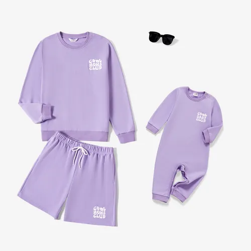 Mommy and Me Solid Color Letters Print Long Sleeve Tops and Drawstring Shorts Sets