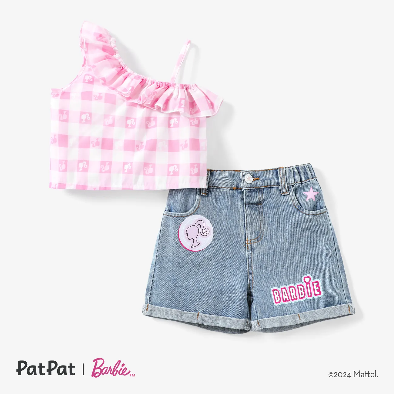 Barbie 2pcs Toddler/Kids Girls One-shoulder Checkered/Plaid Tank Top with Denim Shorts Set
 Pink big image 1