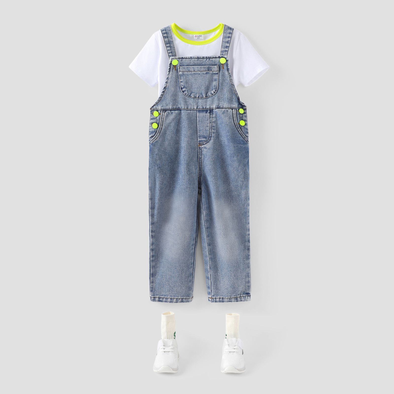 

Toddler Boy 2pcs Dino Print Tee and Denim Overalls Set