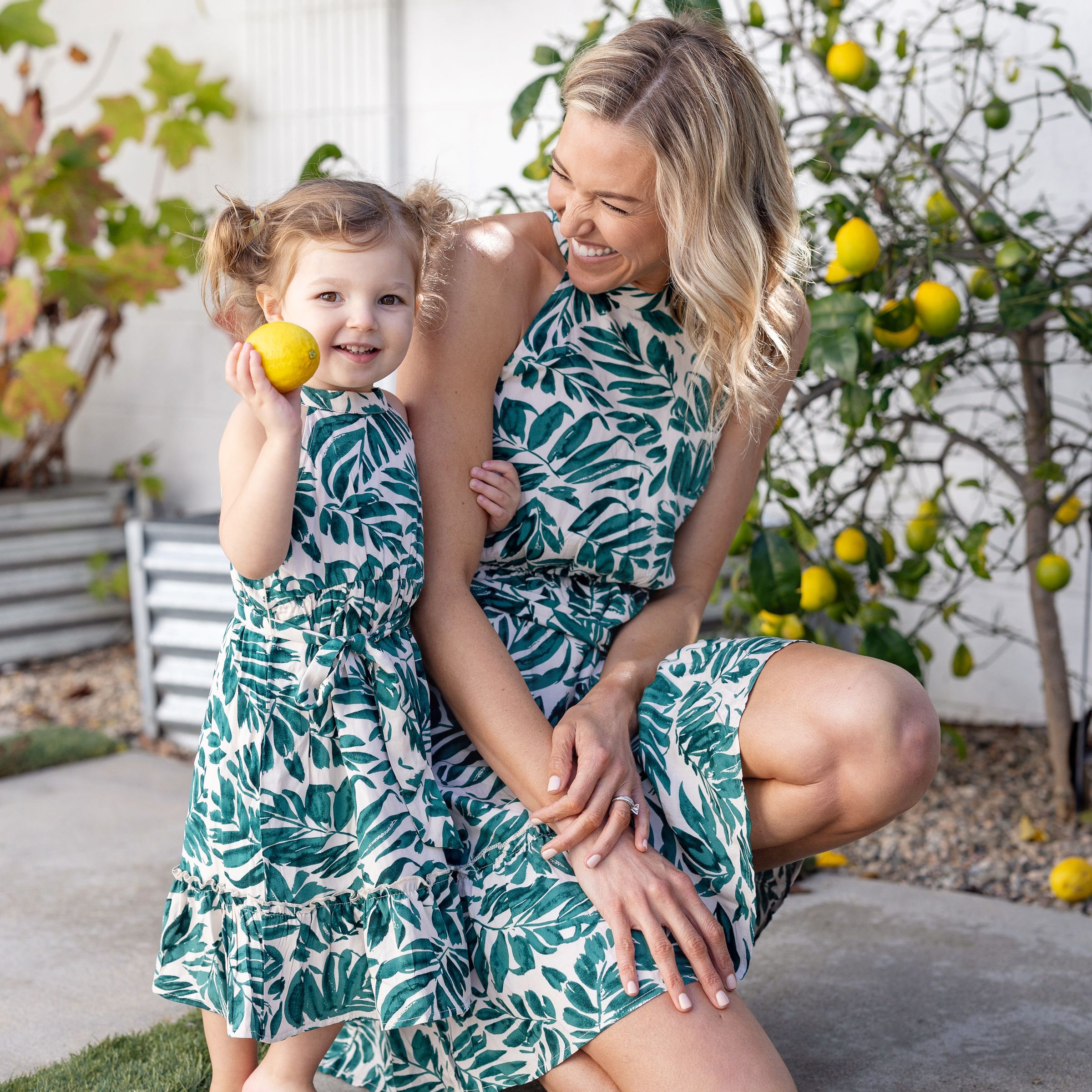 Family Matching Leaf Print Beach Shirt and High Neck Halter Belt Maxi Dress Sets
