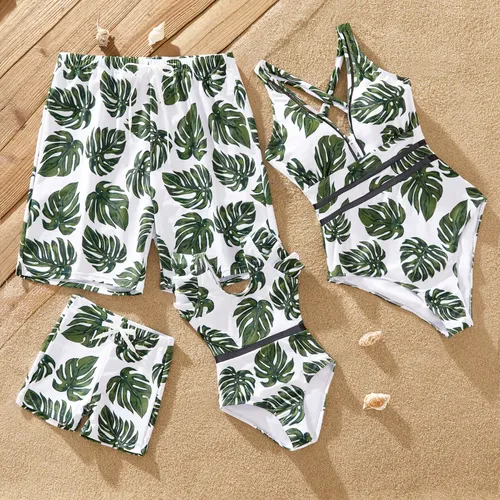 Famiglia Matching Leaf Pattern Coulisse Swim Trunks o Cross Back Swimsuit 