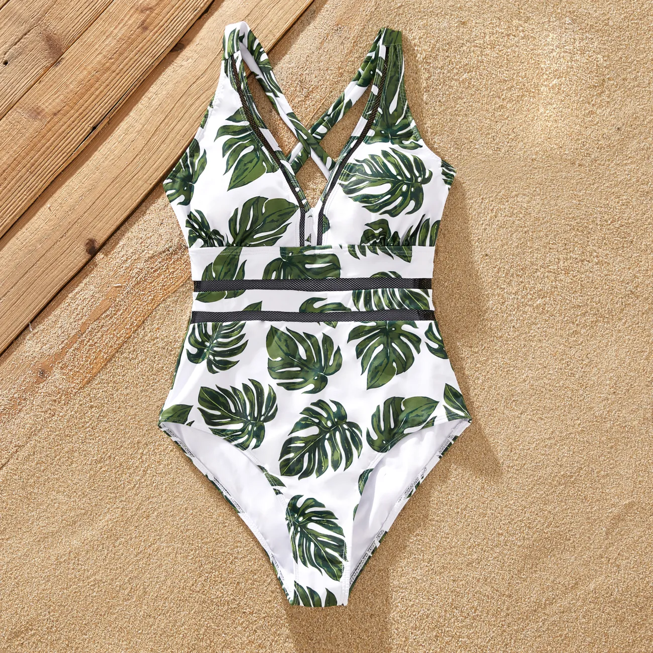 Family Matching Leaf Pattern Drawstring Swim Trunks or Cross Back Swimsuit  White big image 1