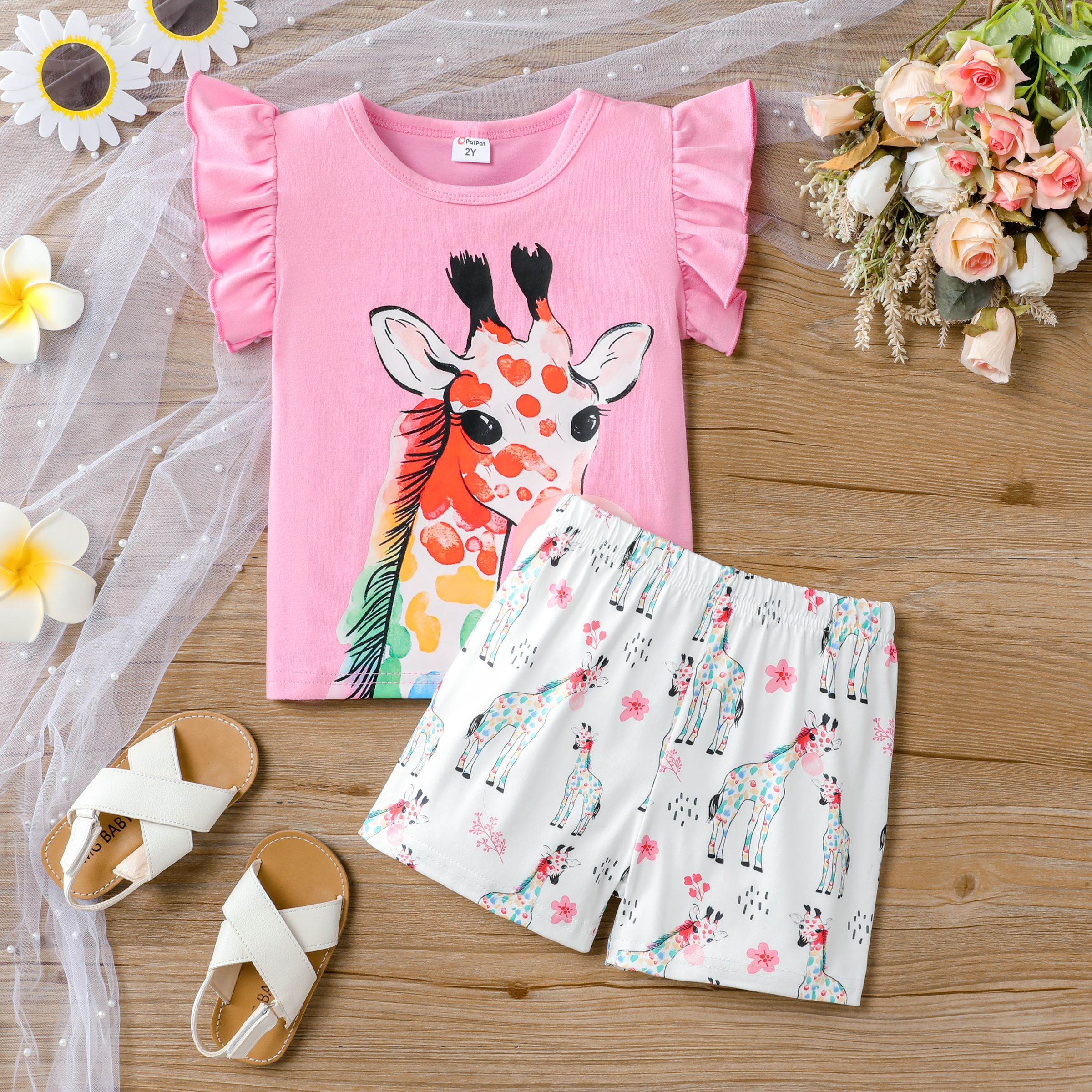 2pcs Toddler Girl Regular Giraffe Flutter Sleeve T-shirt and Shorts Set