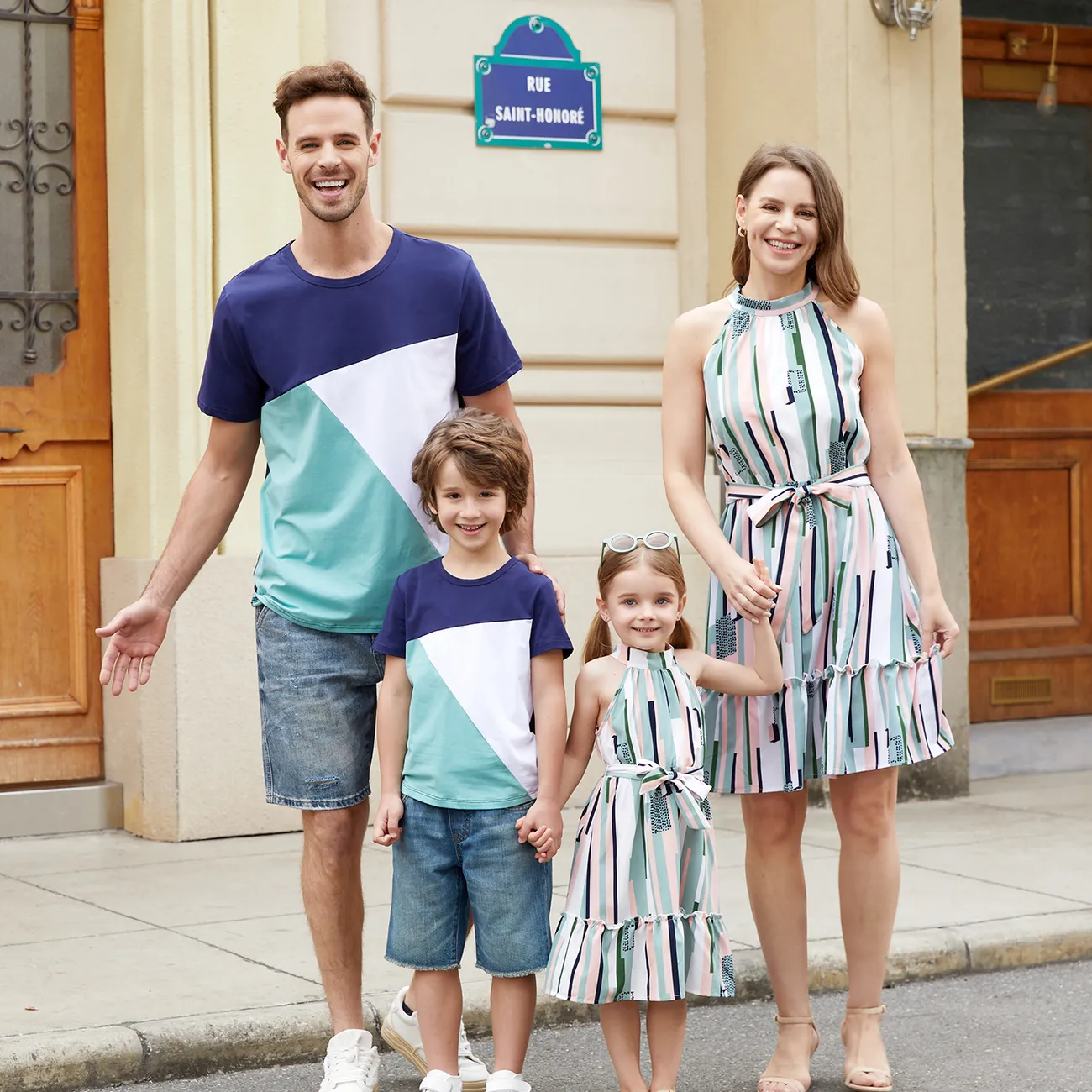 Family Matching Colorblock T-Shirt and Multi-Color Vertical Strip High Neck Halter Dress Sets Multi-color big image 1