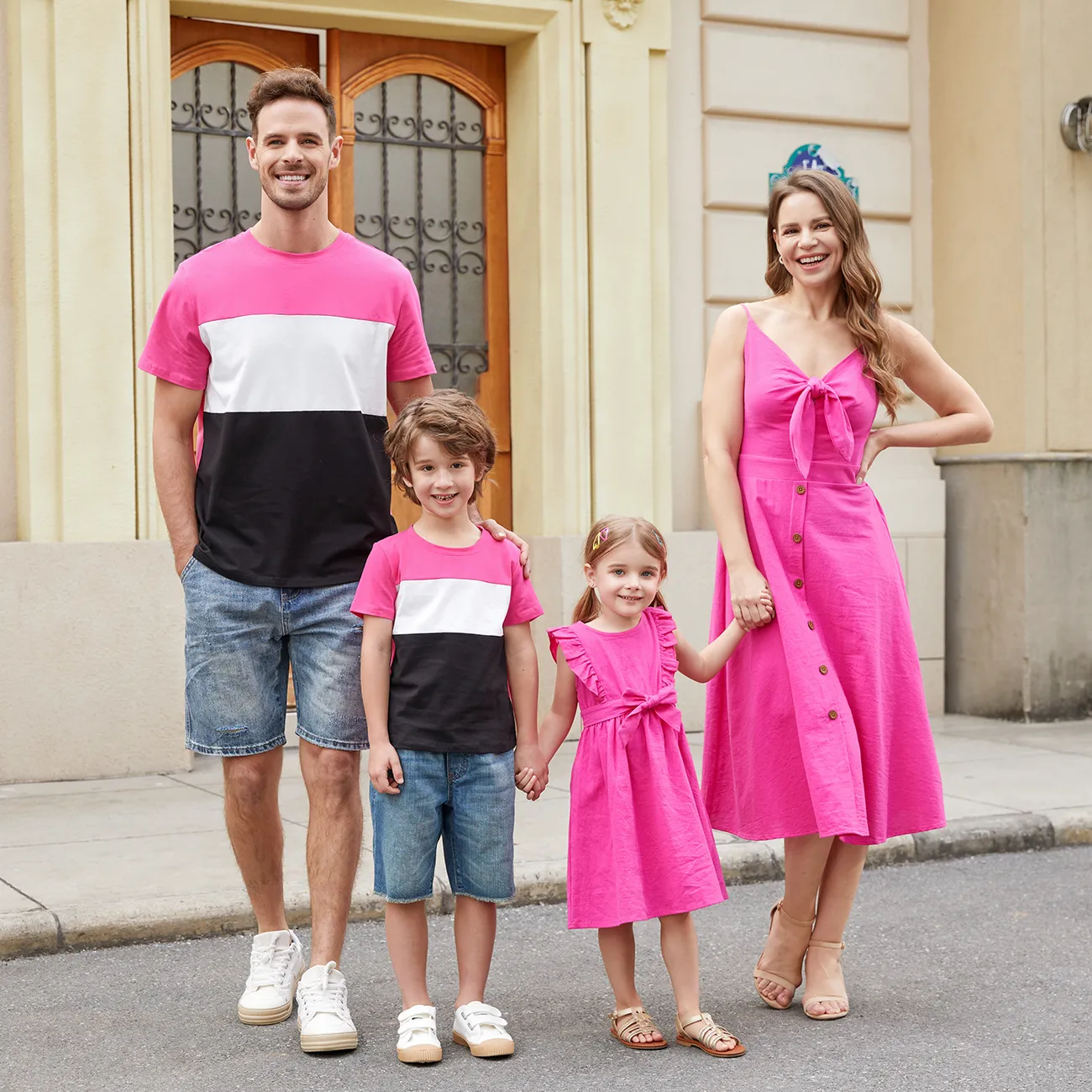Family Matching Colorblock T-shirt and Hot Pink Button Neck-Tie Strap Dress Sets Roseo big image 1