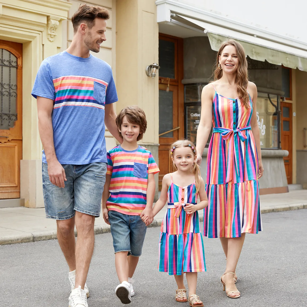 Family Matching Multi-Color Stripe T-shirt and Ruffle Hem Button Strap Dress Sets COLOREDSTRIPES big image 1