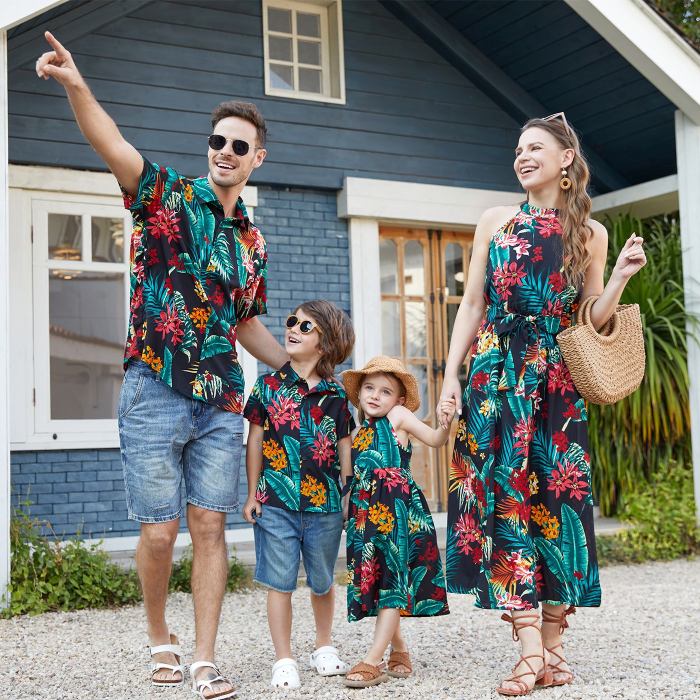 Family Matching Floral Print Black Short-sleeve Belted Dresses and Raglan-sleeve T-shirts Sets
