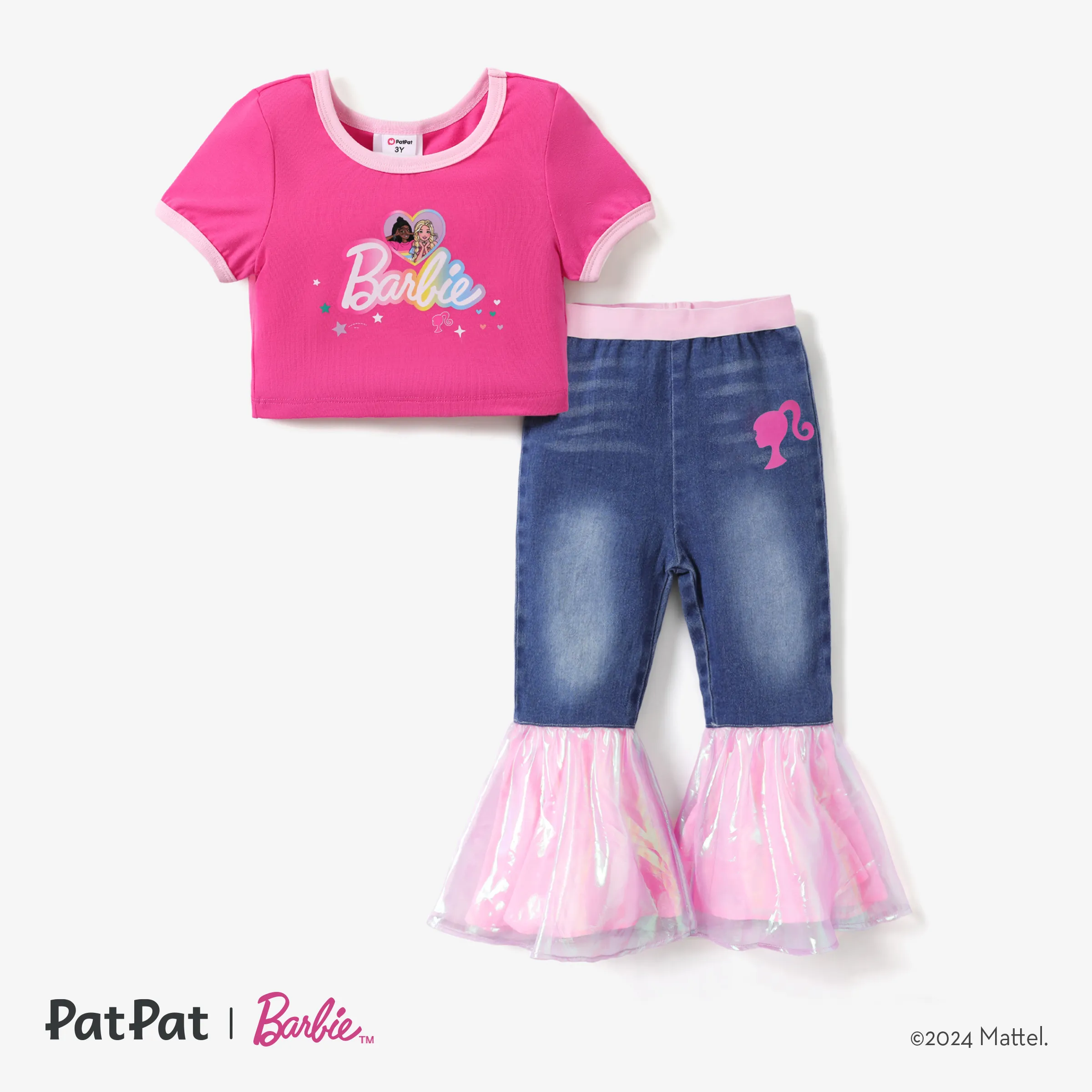 芭比嬰兒喇叭牛仔褲，柔軟牛仔布料，網眼拼接設計，甜美風格。