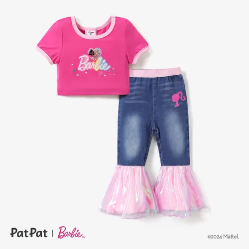 Calça Jeans com Babado para Crianças Barbie, Tecido em Jeans Leve, Patches em Malha, Estilo Doce.