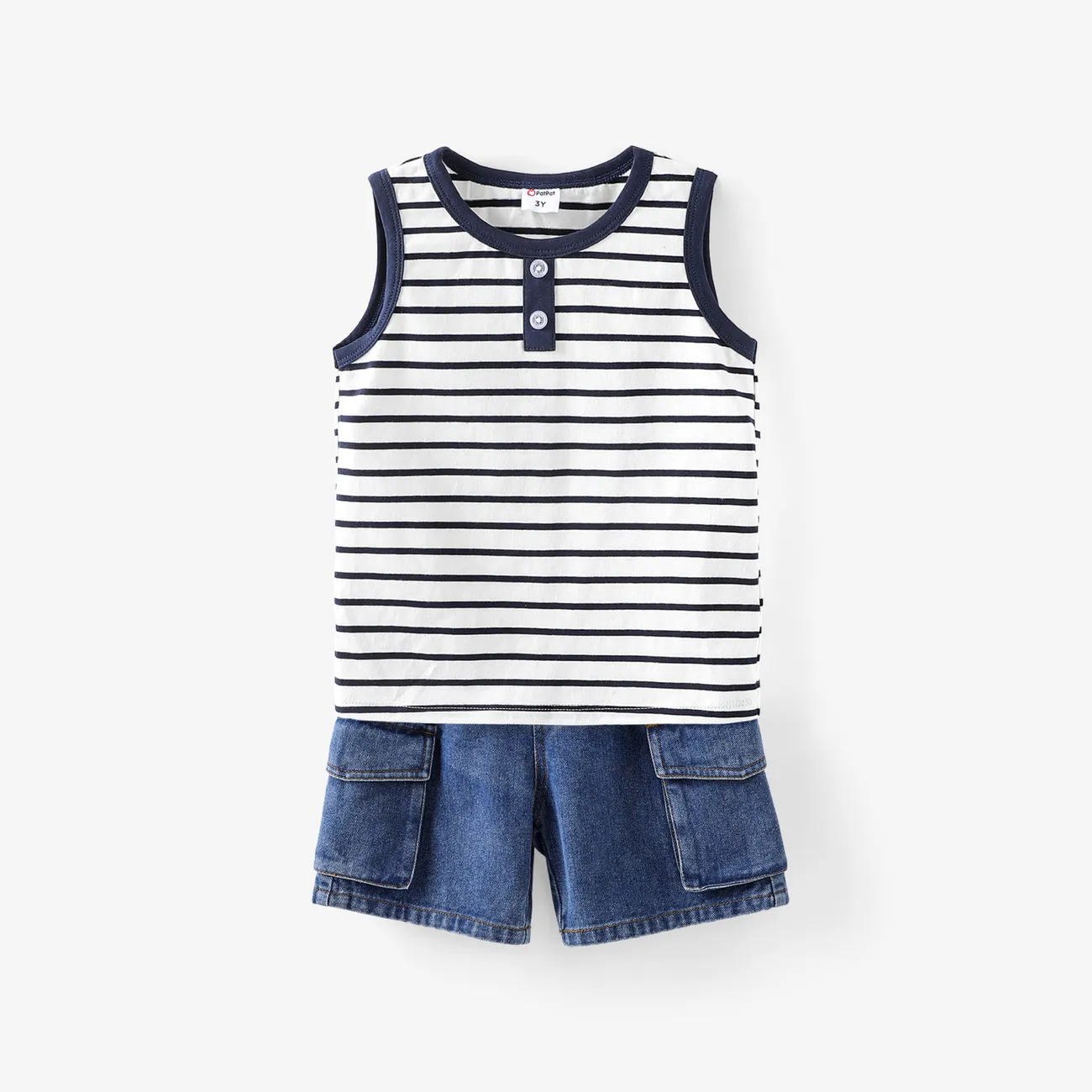 Toddler Boy 2pcs Casual Stripe Tank Top and Denim Shorts Set darkbluewhite big image 1