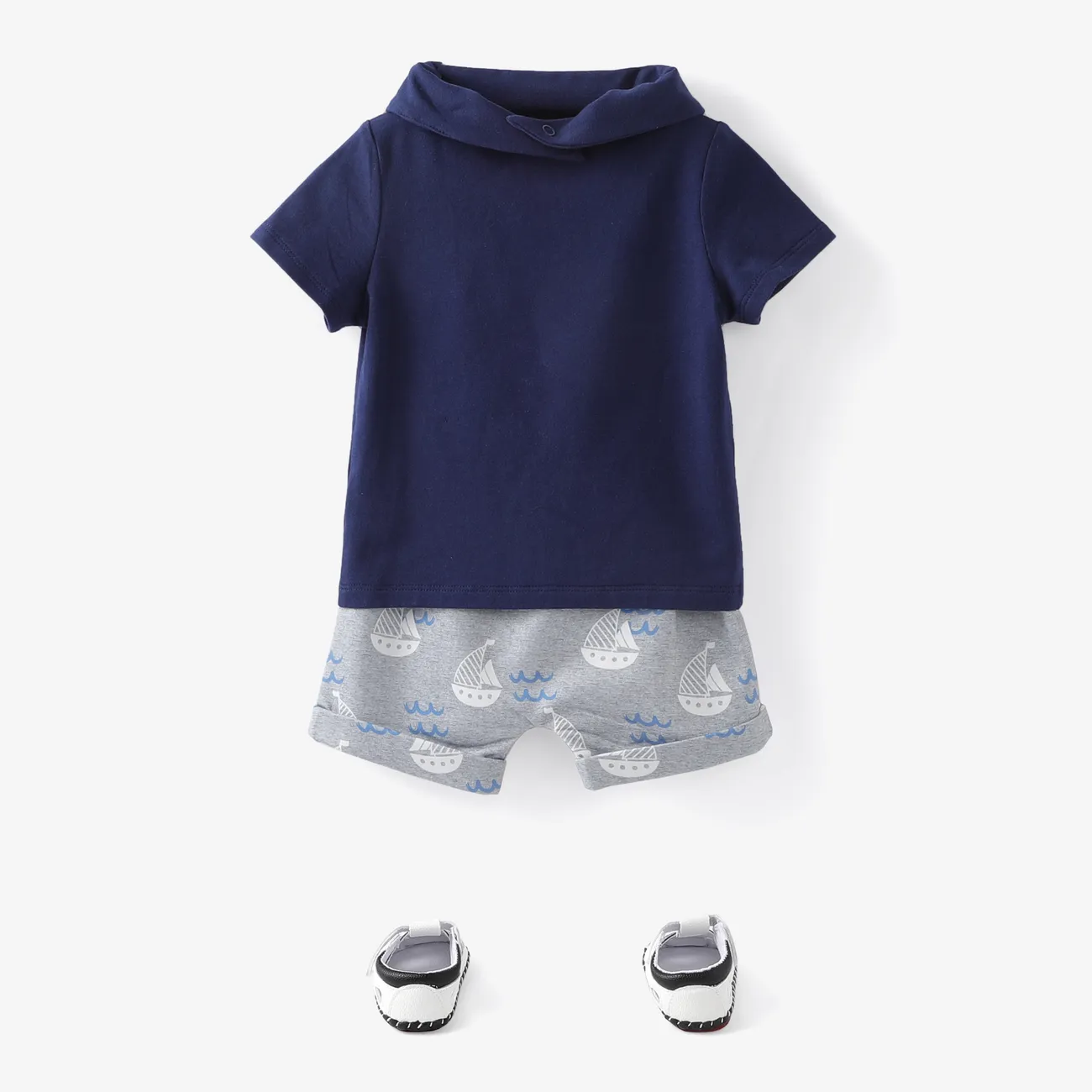 Baby Boy 3pcs Sailboat Print Tee and Shorts with Bib Set DeepBlue big image 1