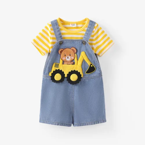 Baby Boy 2pcs Camiseta a rayas y juego de monos de mezclilla bordado de vehículos de oso